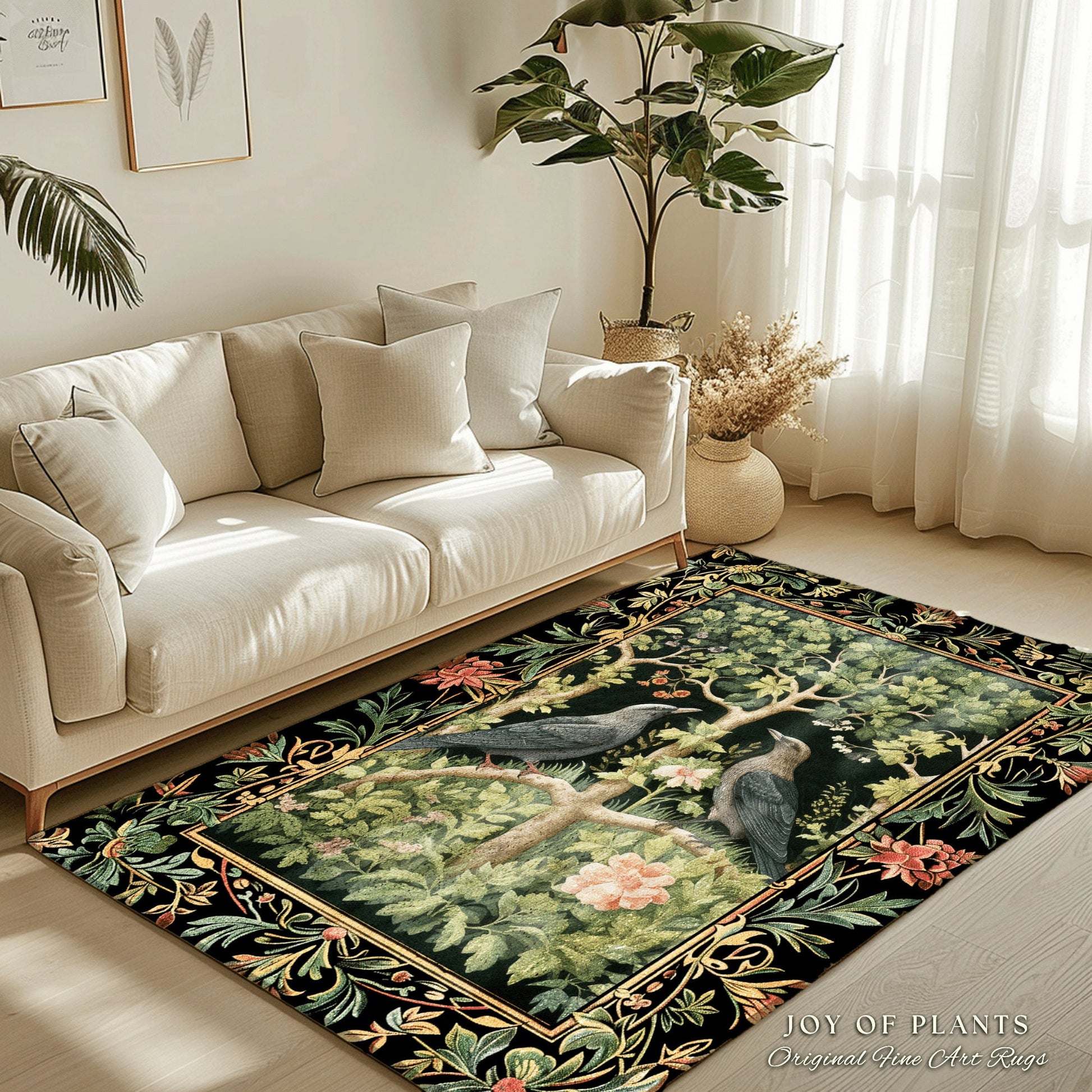 Woodland Forest Crow Rug | Eclectic Bedroom Decor William Morris Inspired Cottagecore Room Dark Academia Style Rug Mystical Crowcore Art