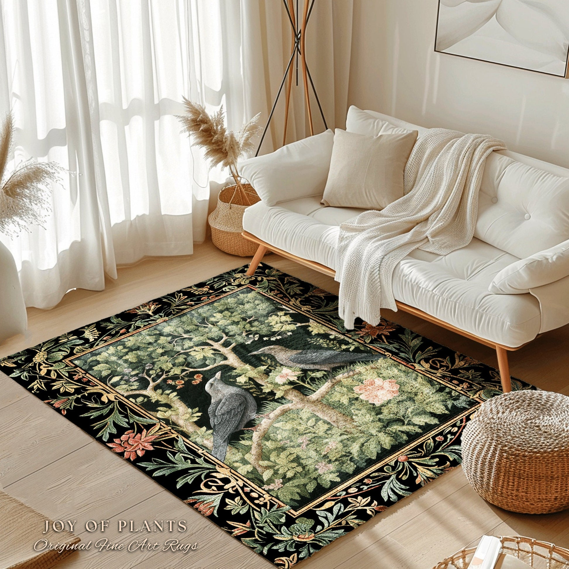 Woodland Forest Crow Rug | Eclectic Bedroom Decor William Morris Inspired Cottagecore Room Dark Academia Style Rug Mystical Crowcore Art