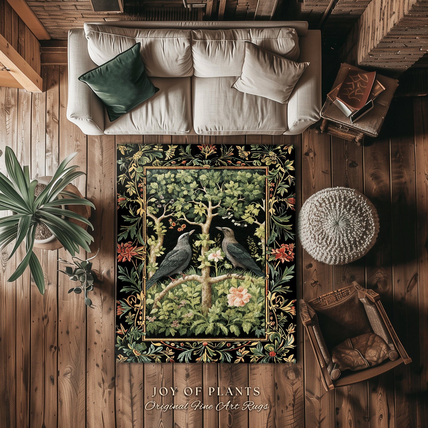 Woodland Forest Crow Rug | Eclectic Bedroom Decor William Morris Inspired Cottagecore Room Dark Academia Style Rug Mystical Crowcore Art