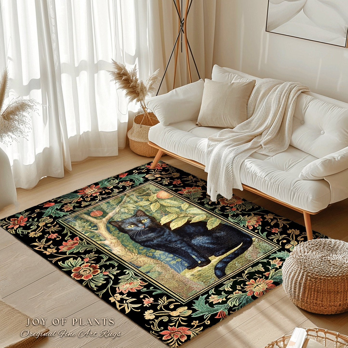 Dark Woodland Vintage Aesthetic Mystical Black Cat Rug | Whimsigoth Cottagecore Cat Lover Decor Forestcore Morris Inspired Dark Academia Rug