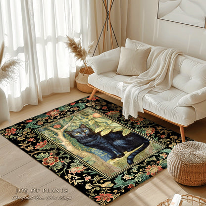 Mystical Black Cat Area Rug | Dark Woodland Aesthetic Cat Lover Decor William Morris Inspired Cottagecore Room Dark Academia Book Nook Rug