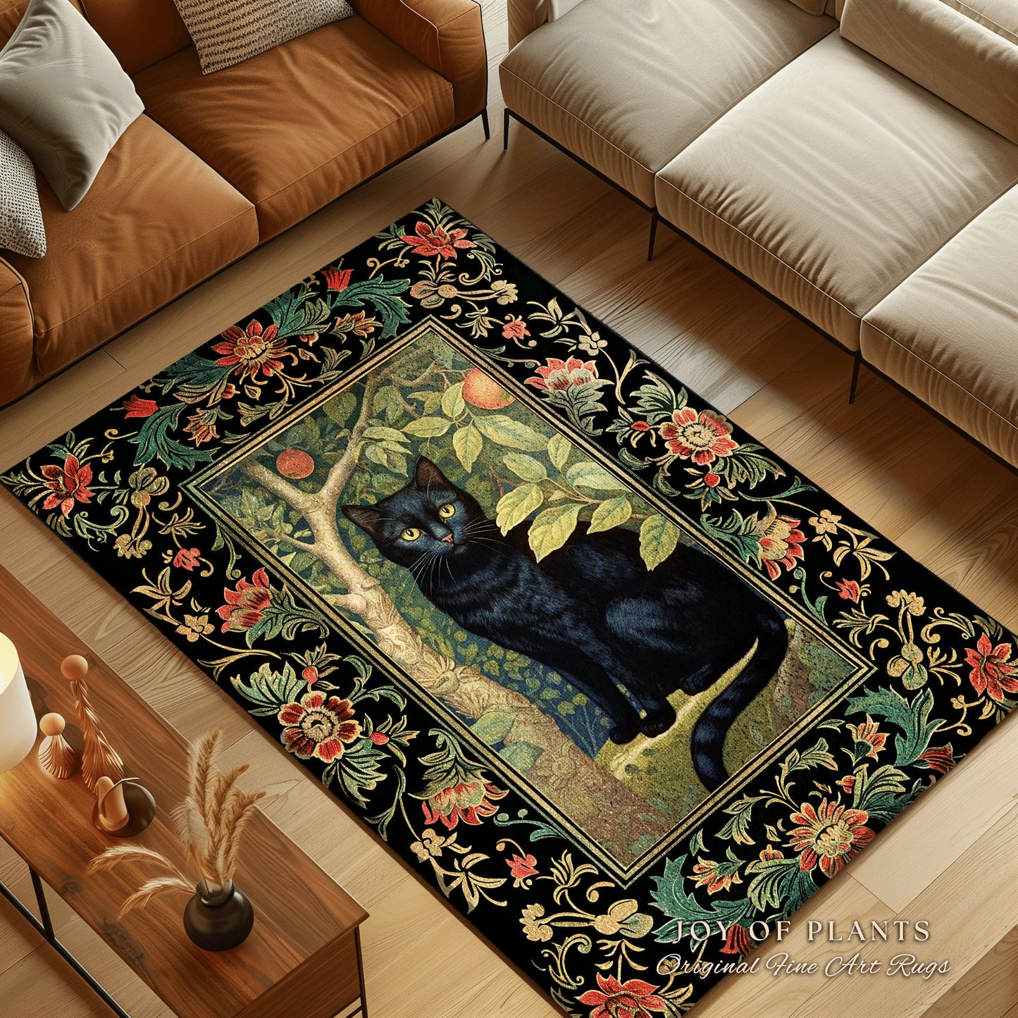 Dark Woodland Vintage Aesthetic Mystical Black Cat Rug | Whimsigoth Cottagecore Cat Lover Decor Forestcore Morris Inspired Dark Academia Rug