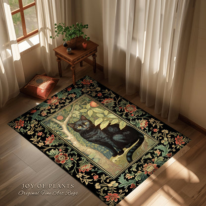 Dark Woodland Vintage Aesthetic Mystical Black Cat Rug | Whimsigoth Cottagecore Cat Lover Decor Forestcore Morris Inspired Dark Academia Rug