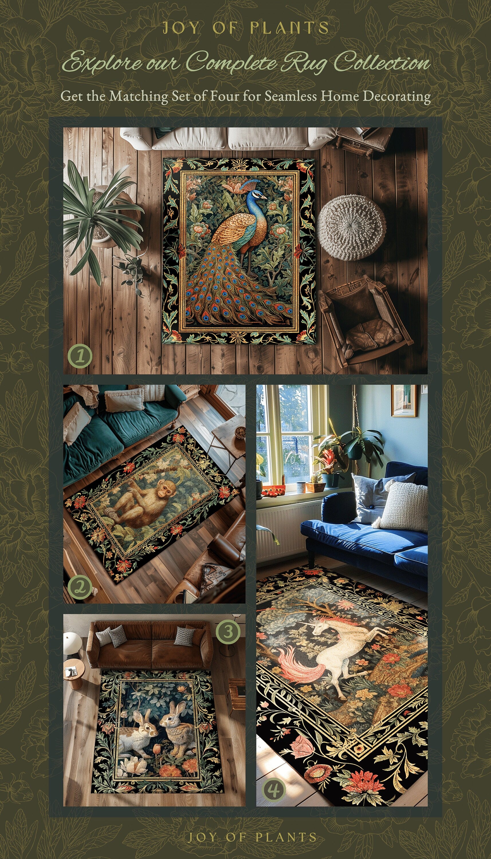 Eclectic Peacock Area Rug | Whimsical Bedroom Decor William Morris Style Cottagecore Room Dark Academia Royalcore Rug Maximalist Art |