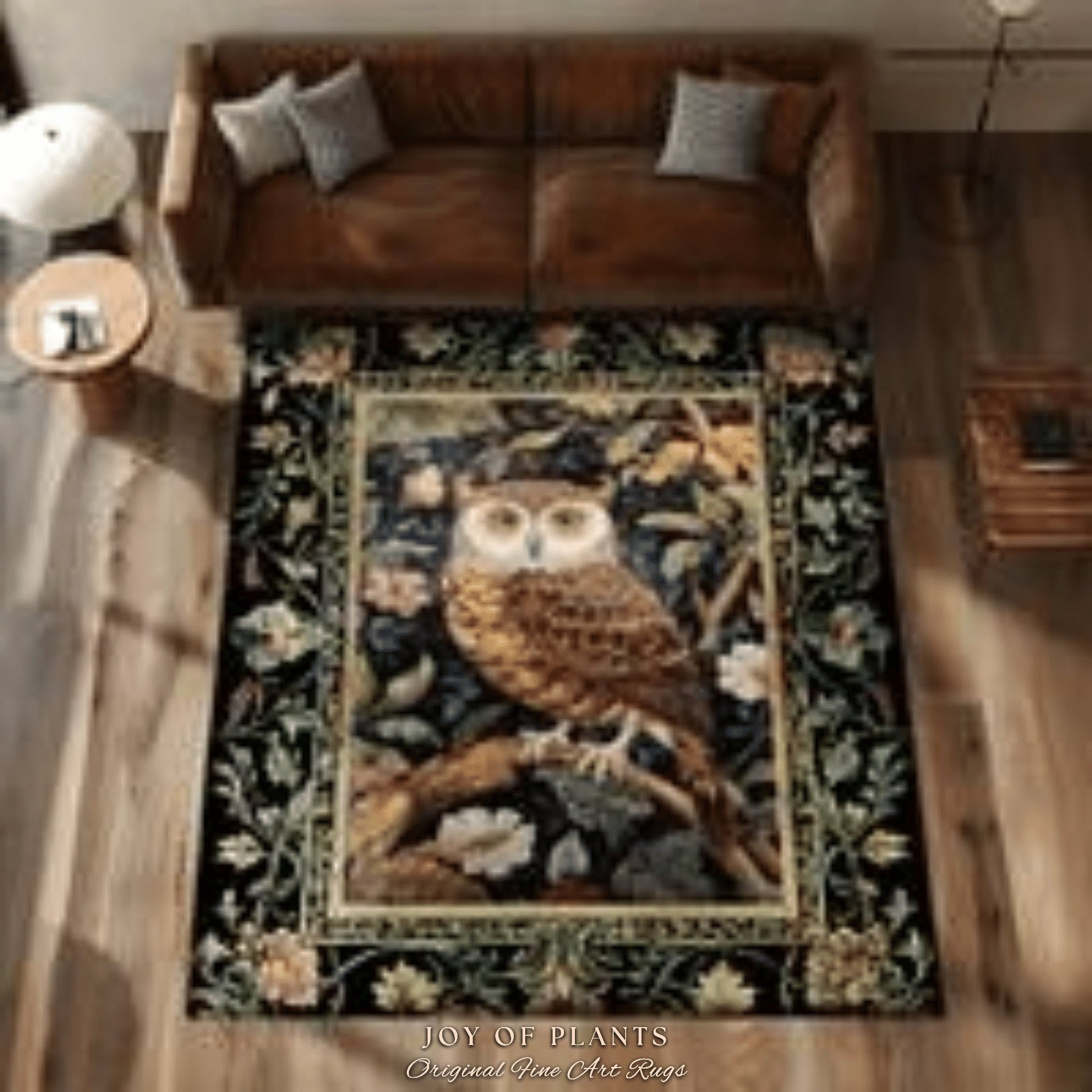 Whimsigoth Owl Area Rug | Ethereal Book Nook Decor William Morris Inspired Gift for Reader Whimsical Room Soft Aesthetic Dark Academia Style