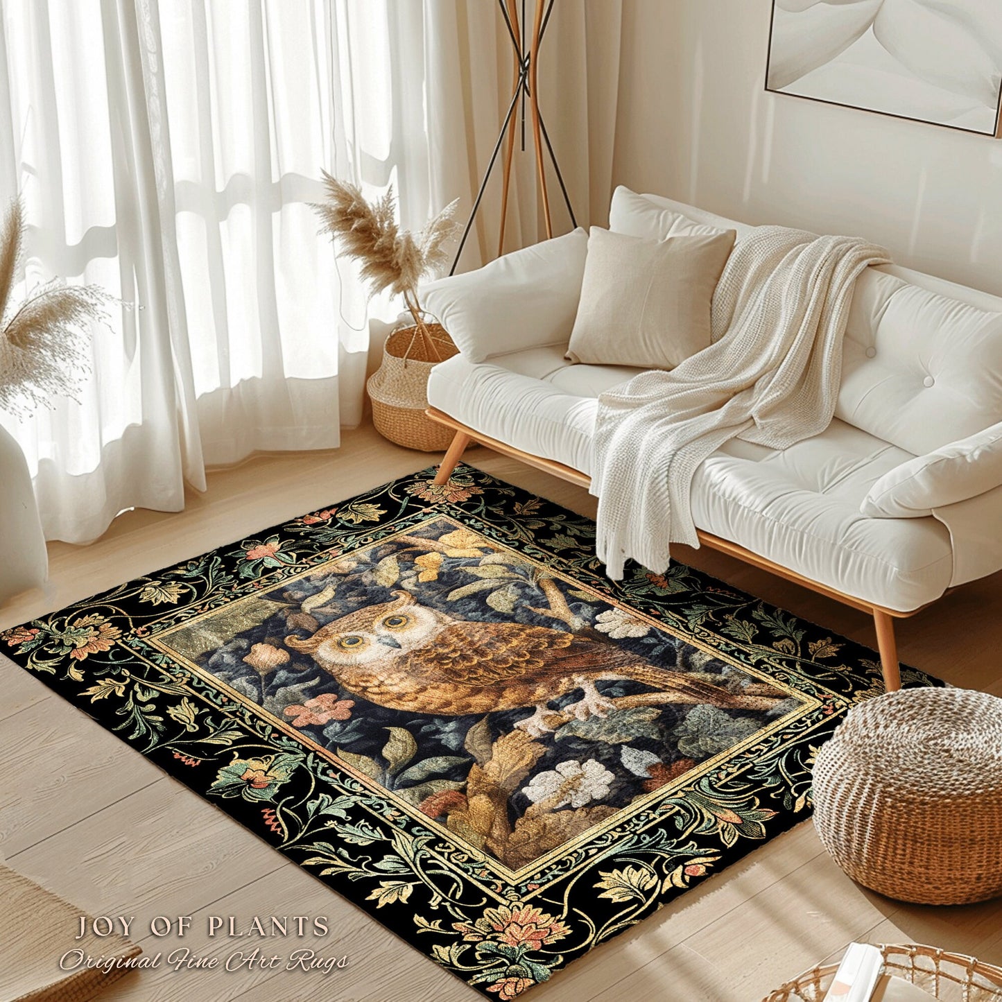 Whimsigoth Owl Area Rug | Ethereal Book Nook Decor William Morris Inspired Gift for Reader Whimsical Room Soft Aesthetic Dark Academia Style