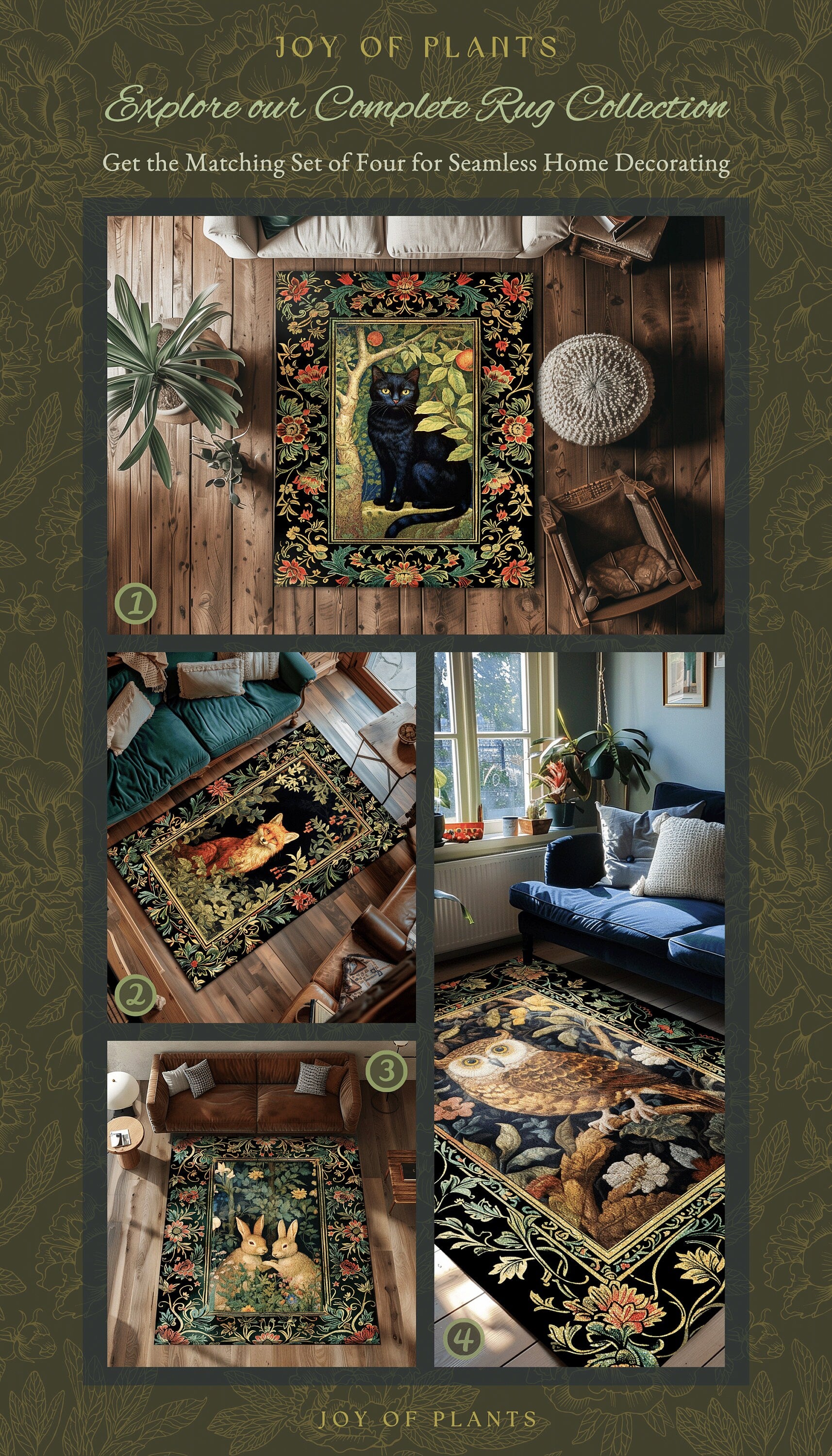 Whimsigoth Owl Area Rug | Ethereal Book Nook Decor William Morris Inspired Gift for Reader Whimsical Room Soft Aesthetic Dark Academia Style