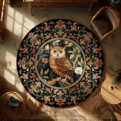 Whimsigoth Owl Area Rug | Ethereal Book Nook Decor William Morris Inspired Gift for Reader Whimsical Room Soft Aesthetic Dark Academia Style