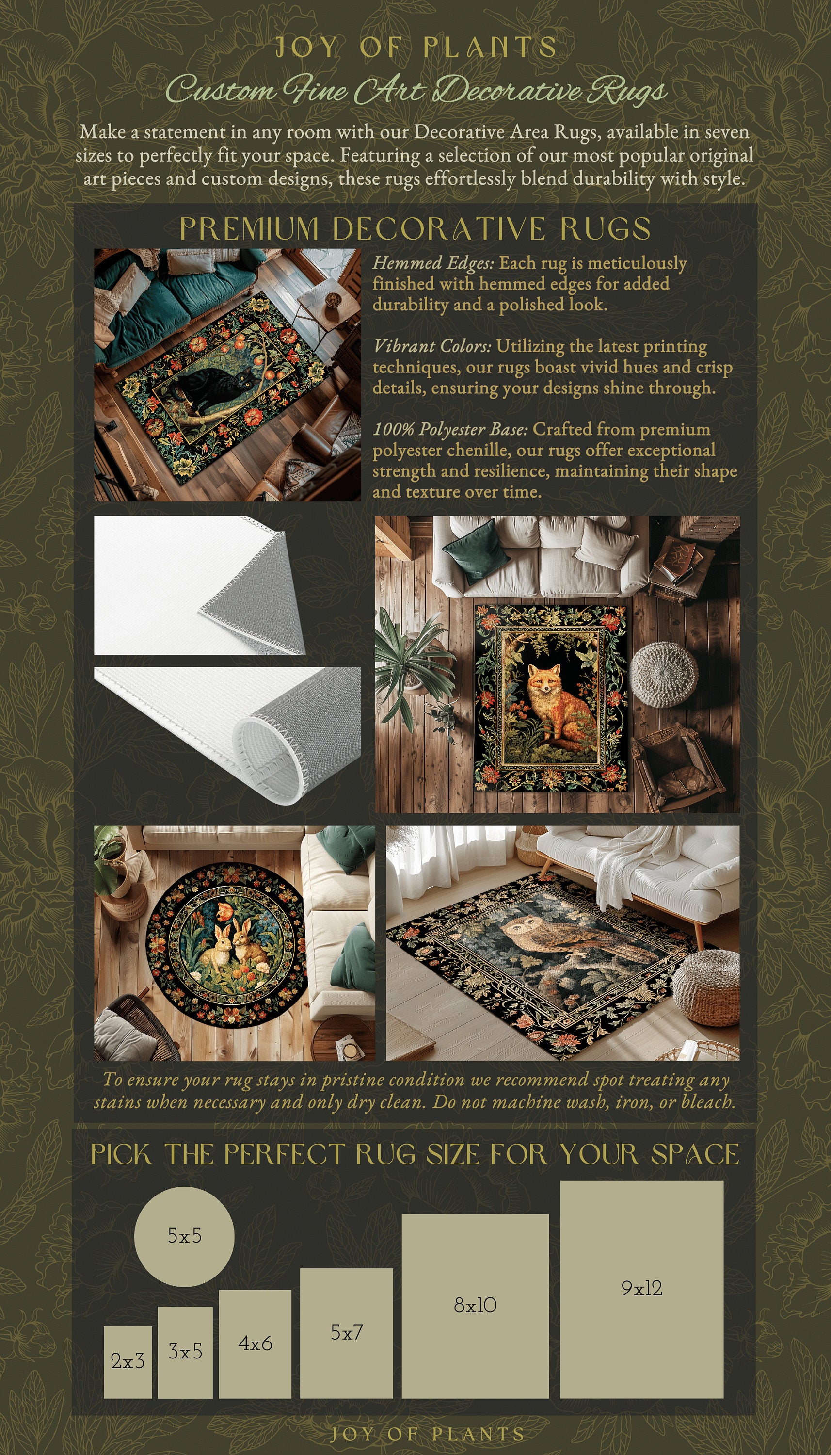 Eclectic Fox Area Rug | Whimsical Bedroom Decor William Morris Inspired Cottagecore Room Soft Aesthetic Dark Academia Style Rug Mystical
