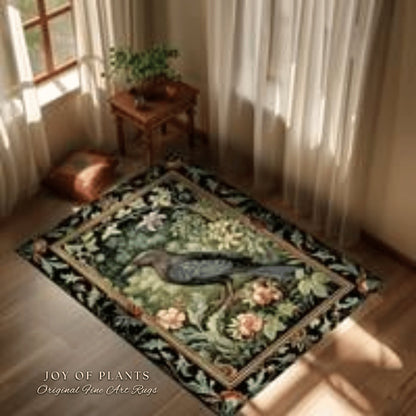 Botanical Forestcore Round Raven Rug Witchy Bedroom Crow Decor Morris Inspired Cottagecore, Dark Academia Mystical Woodland Crowcore Art