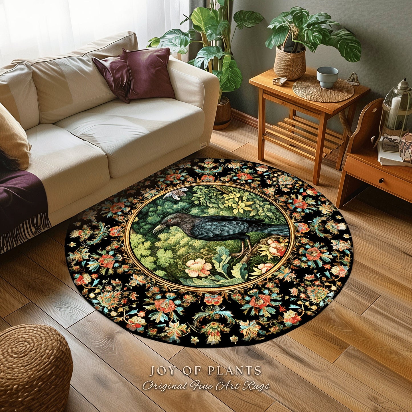 Cozy Aesthetic Crow Rug | Witchy Bedroom Decor William Morris Inspired Cottagecore Room Dark Academia Style Rug Mystical Crowcore Art |