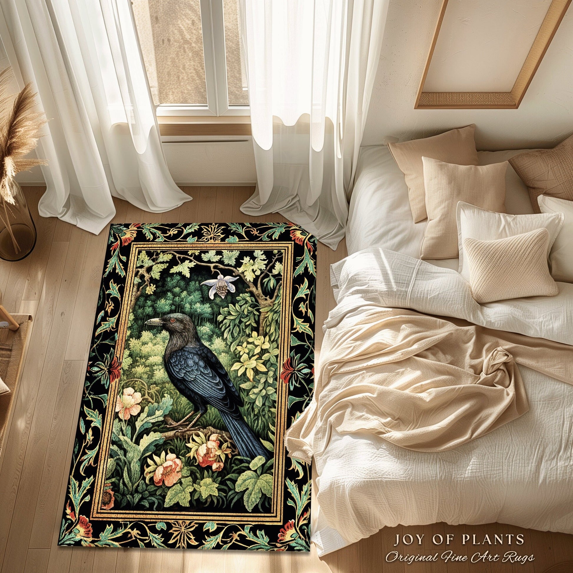 Botanical Forestcore Round Raven Rug Witchy Bedroom Crow Decor Morris Inspired Cottagecore, Dark Academia Mystical Woodland Crowcore Art