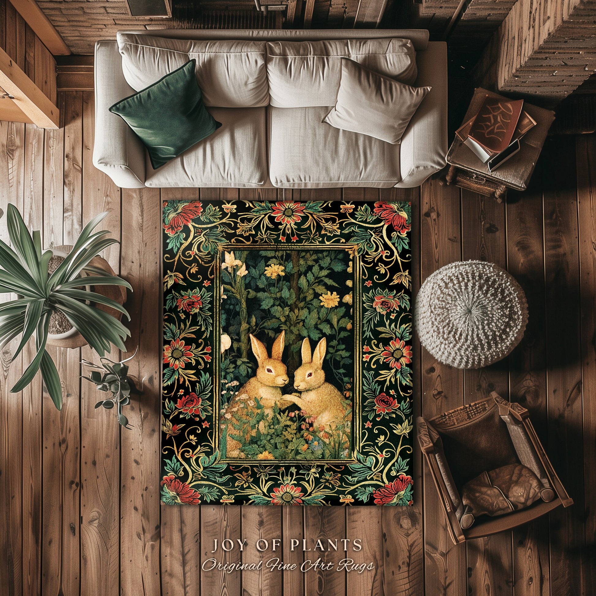 Fairycore Rabbit Decor Rug | Botanical Bedroom Decor William Morris Inspired Cottagecore Room Light Academia Livingroom Rug Woodland Home