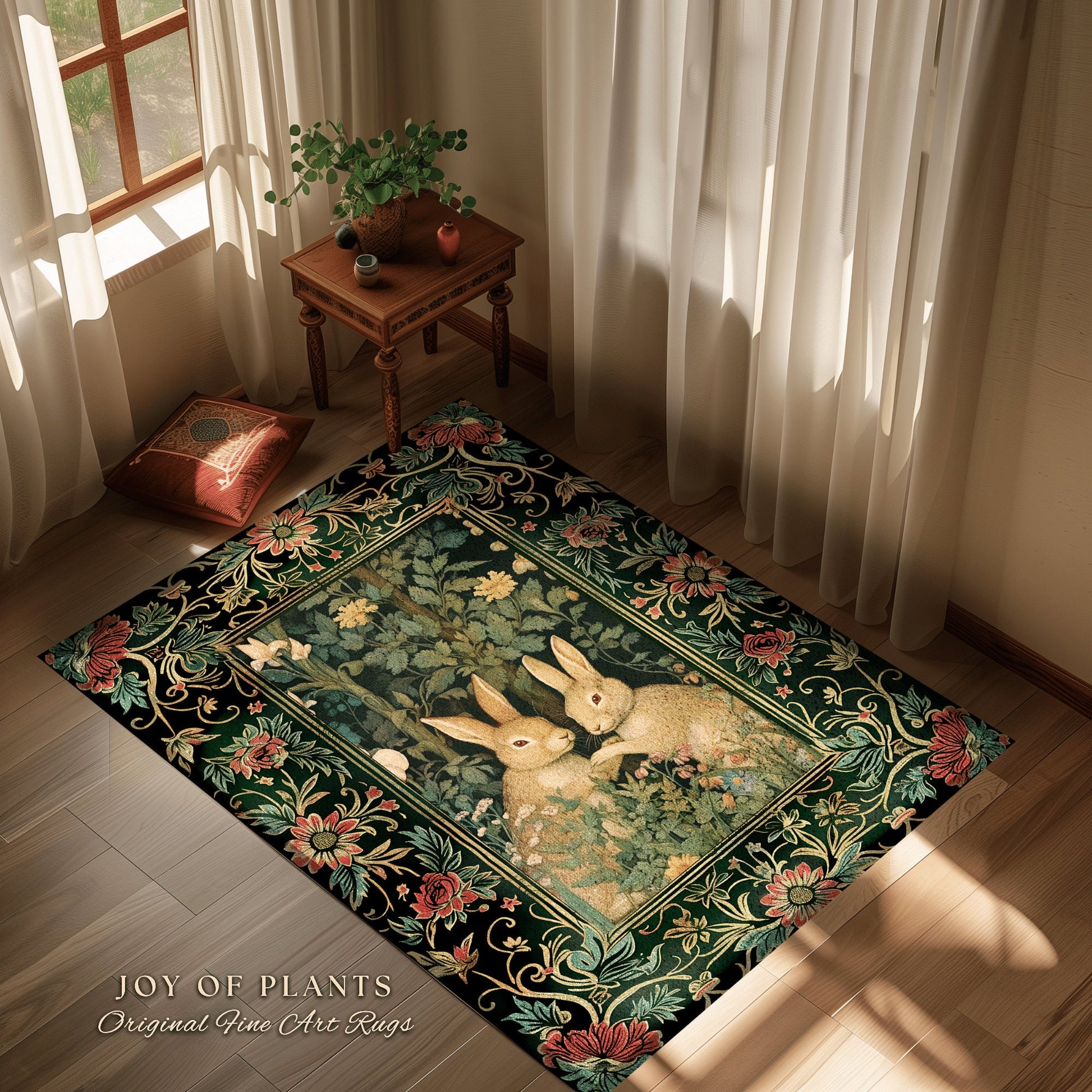 Fairycore Rabbit Decor Rug | Botanical Bedroom Decor William Morris Inspired Cottagecore Room Light Academia Livingroom Rug Woodland Home