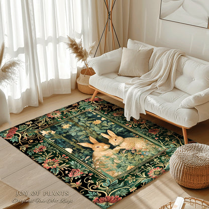 Fairycore Rabbit Decor Rug | Botanical Bedroom Decor William Morris Inspired Cottagecore Room Light Academia Livingroom Rug Woodland Home