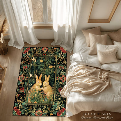 Fairycore Rabbit Decor Rug | Botanical Bedroom Decor William Morris Inspired Cottagecore Room Light Academia Livingroom Rug Woodland Home