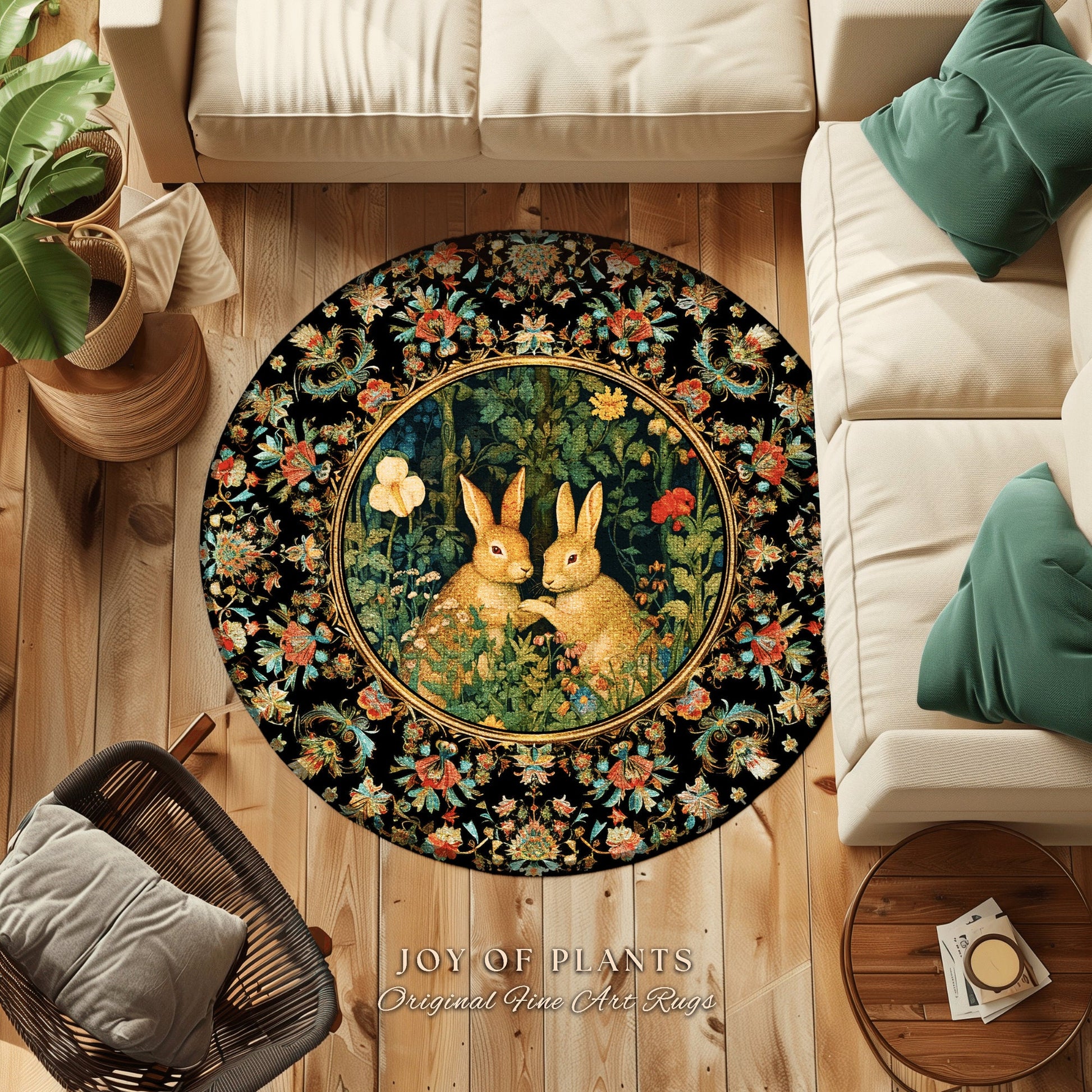 Fairycore Rabbit Decor Rug | Botanical Bedroom Decor William Morris Inspired Cottagecore Room Light Academia Livingroom Rug Woodland Home