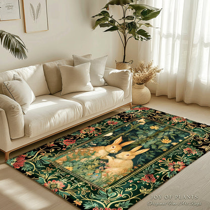 Fairycore Rabbit Decor Rug | Botanical Bedroom Decor William Morris Inspired Cottagecore Room Light Academia Livingroom Rug Woodland Home