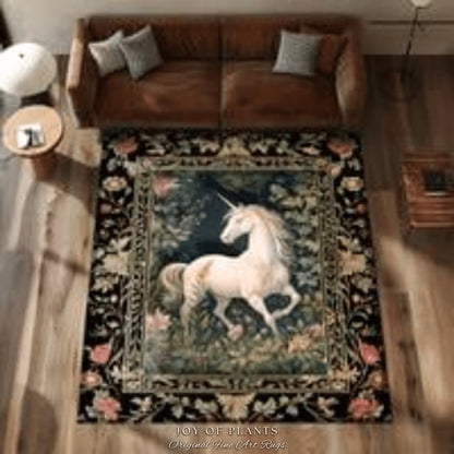 Folk Art Unicorn Area Rug | Princesscore Bedroom Decor William Morris Inspired Cottagecore Room Light Academia Style Rug Mystical Folklore