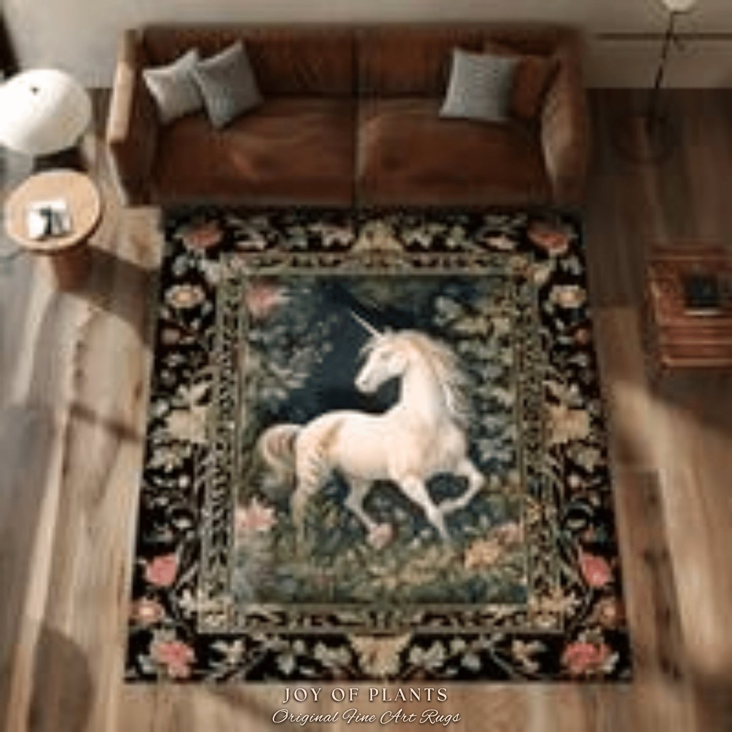 Princesscore Bedroom Decor William Morris Inspired Cottagecore Room Light Academia Style Rug Mystical Folklore | Folk Art Unicorn Round Rug