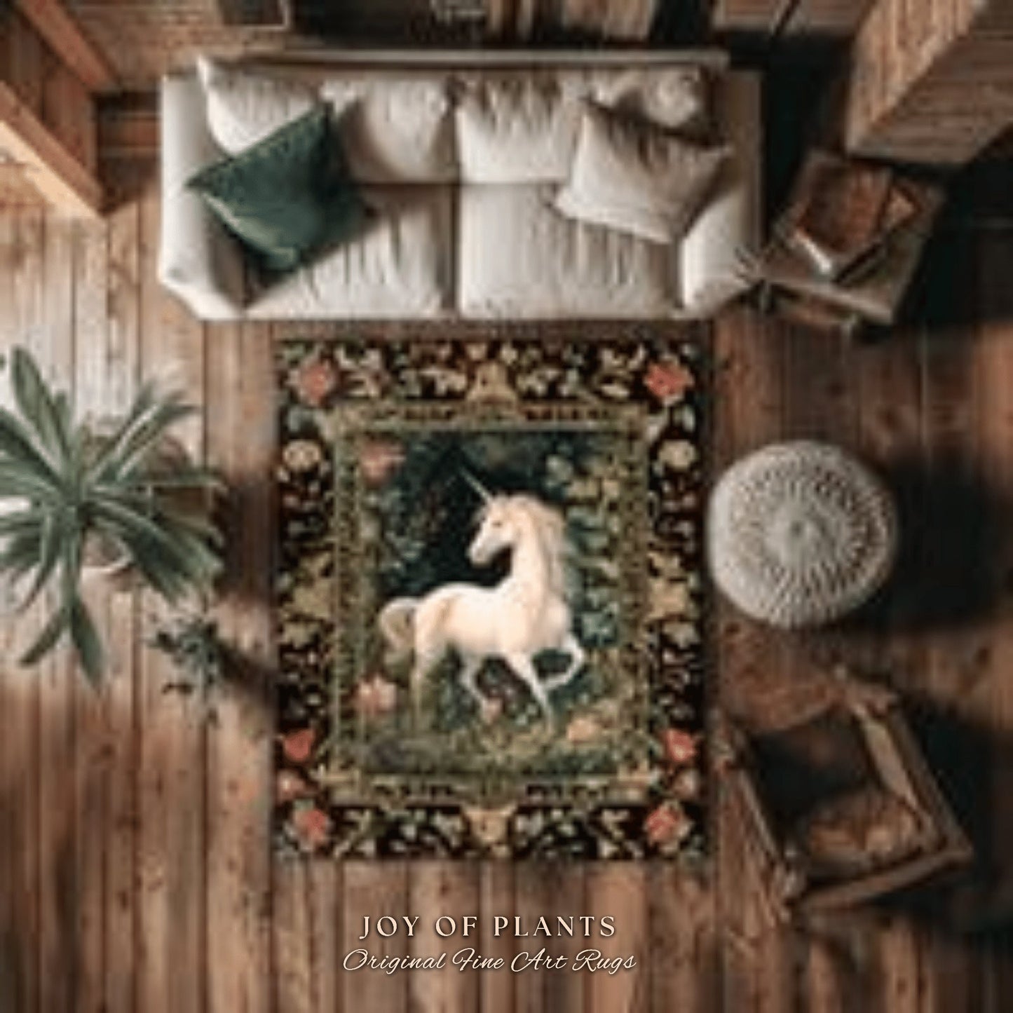 Folk Art Unicorn Area Rug | Princesscore Bedroom Decor William Morris Inspired Cottagecore Room Light Academia Style Rug Mystical Folklore