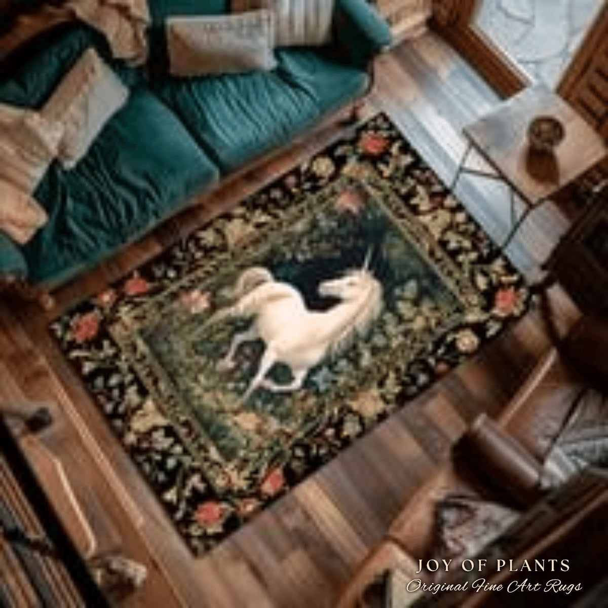 Princesscore Bedroom Decor William Morris Inspired Cottagecore Room Light Academia Style Rug Mystical Folklore | Folk Art Unicorn Round Rug