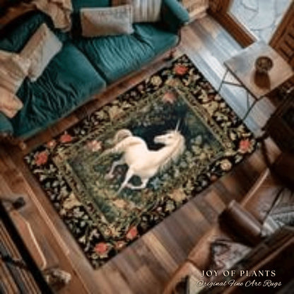 Princesscore Bedroom Decor William Morris Inspired Cottagecore Room Light Academia Style Rug Mystical Folklore | Folk Art Unicorn Round Rug