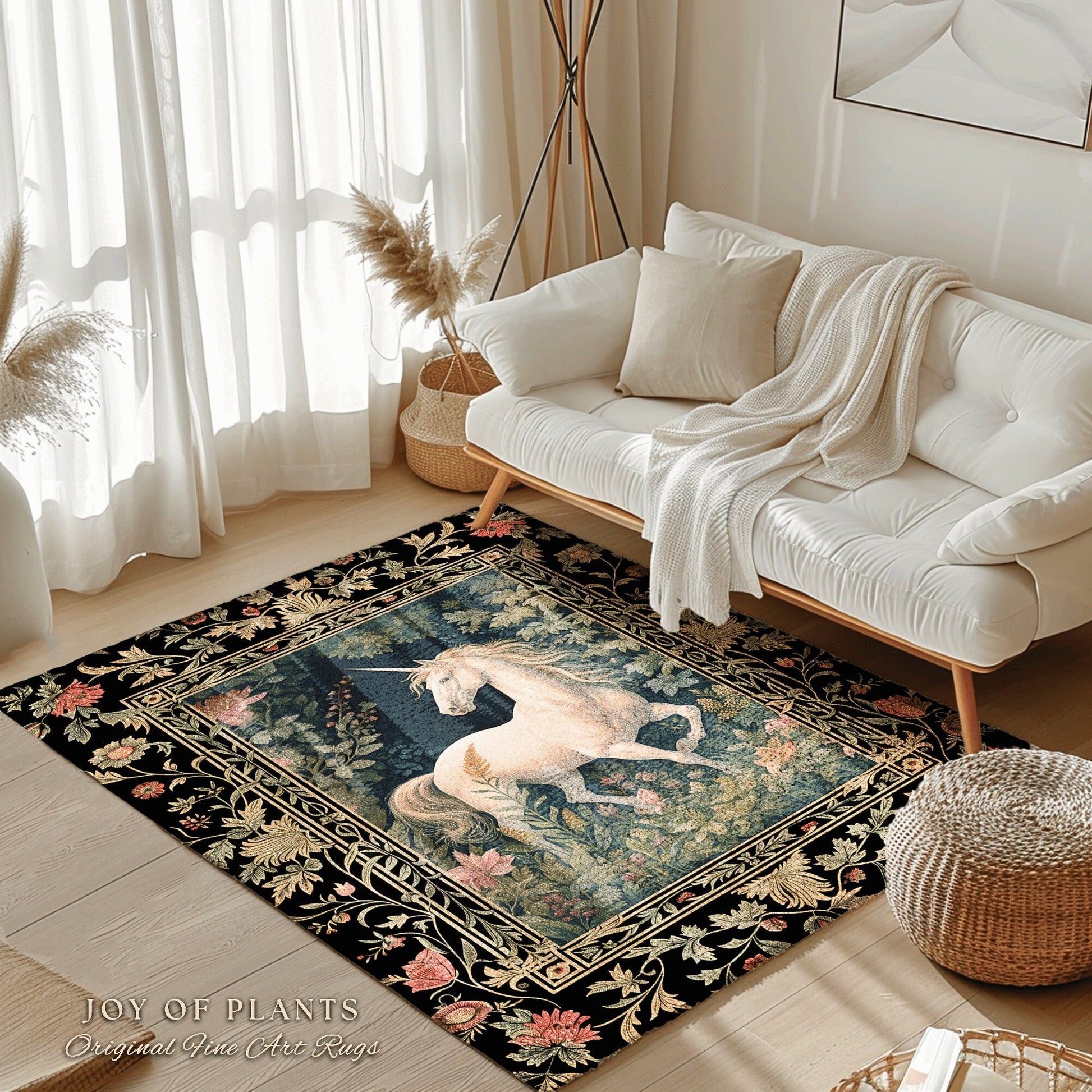 Folk Art Unicorn Area Rug | Princesscore Bedroom Decor William Morris Inspired Cottagecore Room Light Academia Style Rug Mystical Folklore