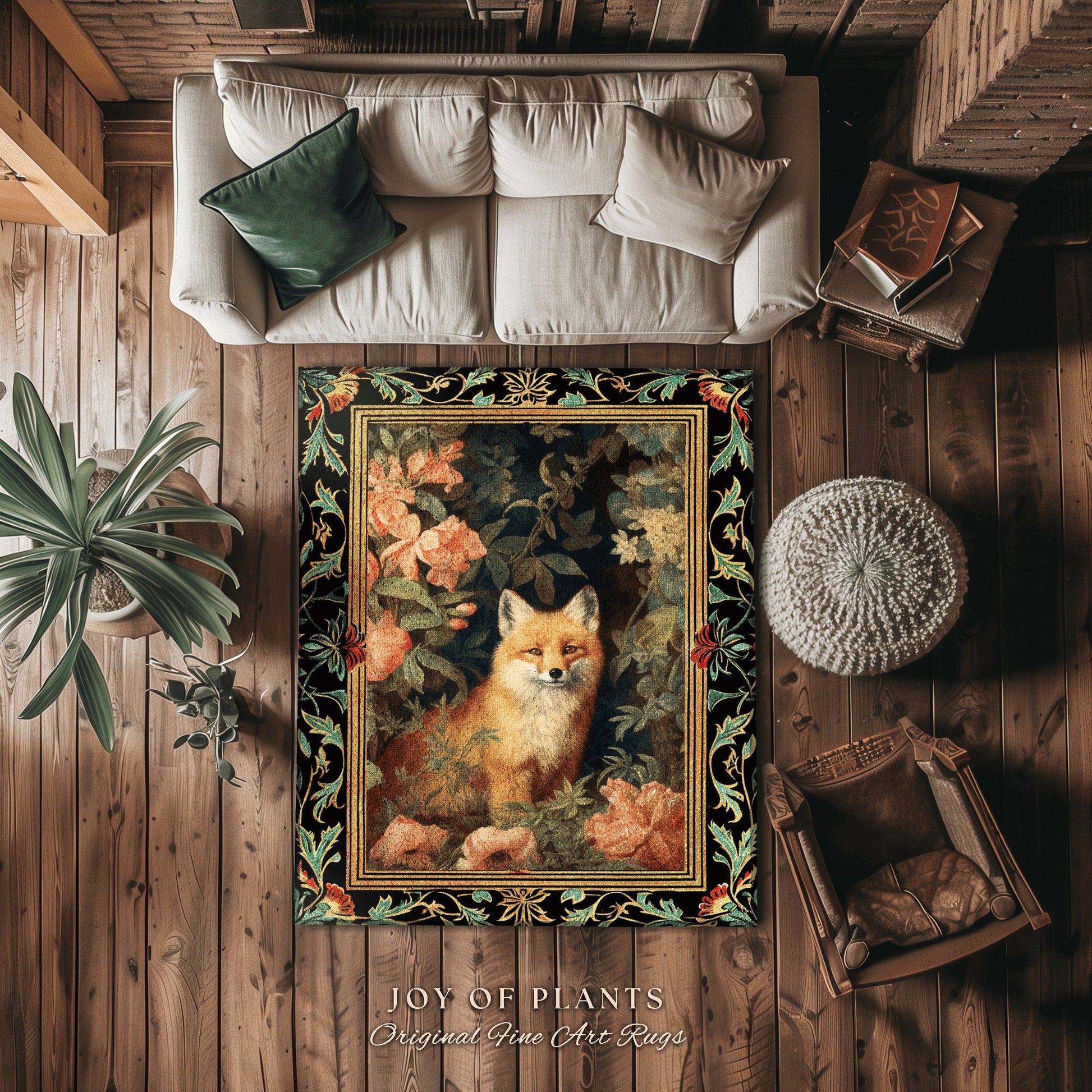 Fairycore Fox Area Rug | Ethereal Bedroom Decor William Morris Inspired Cottagecore Room Soft Aesthetic Light Academia Style Rug Mystical