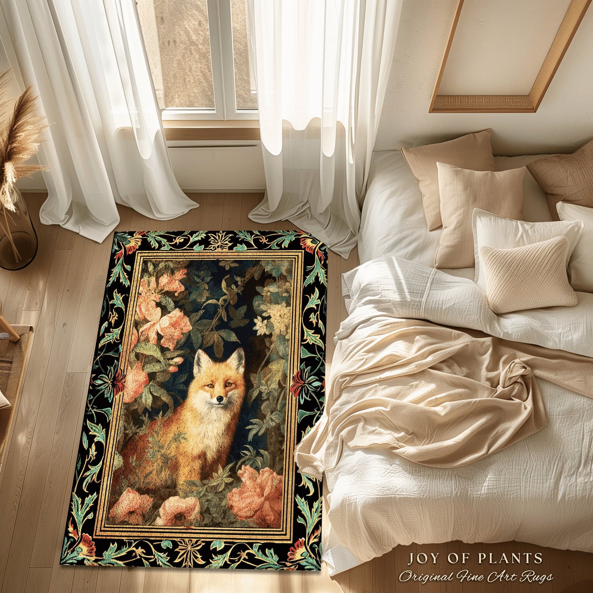 Fairycore Fox Area Rug | Ethereal Bedroom Decor William Morris Inspired Cottagecore Room Soft Aesthetic Light Academia Style Rug Mystical