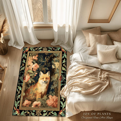 Fairycore Fox Area Rug | Ethereal Bedroom Decor William Morris Inspired Cottagecore Room Soft Aesthetic Light Academia Style Rug Mystical