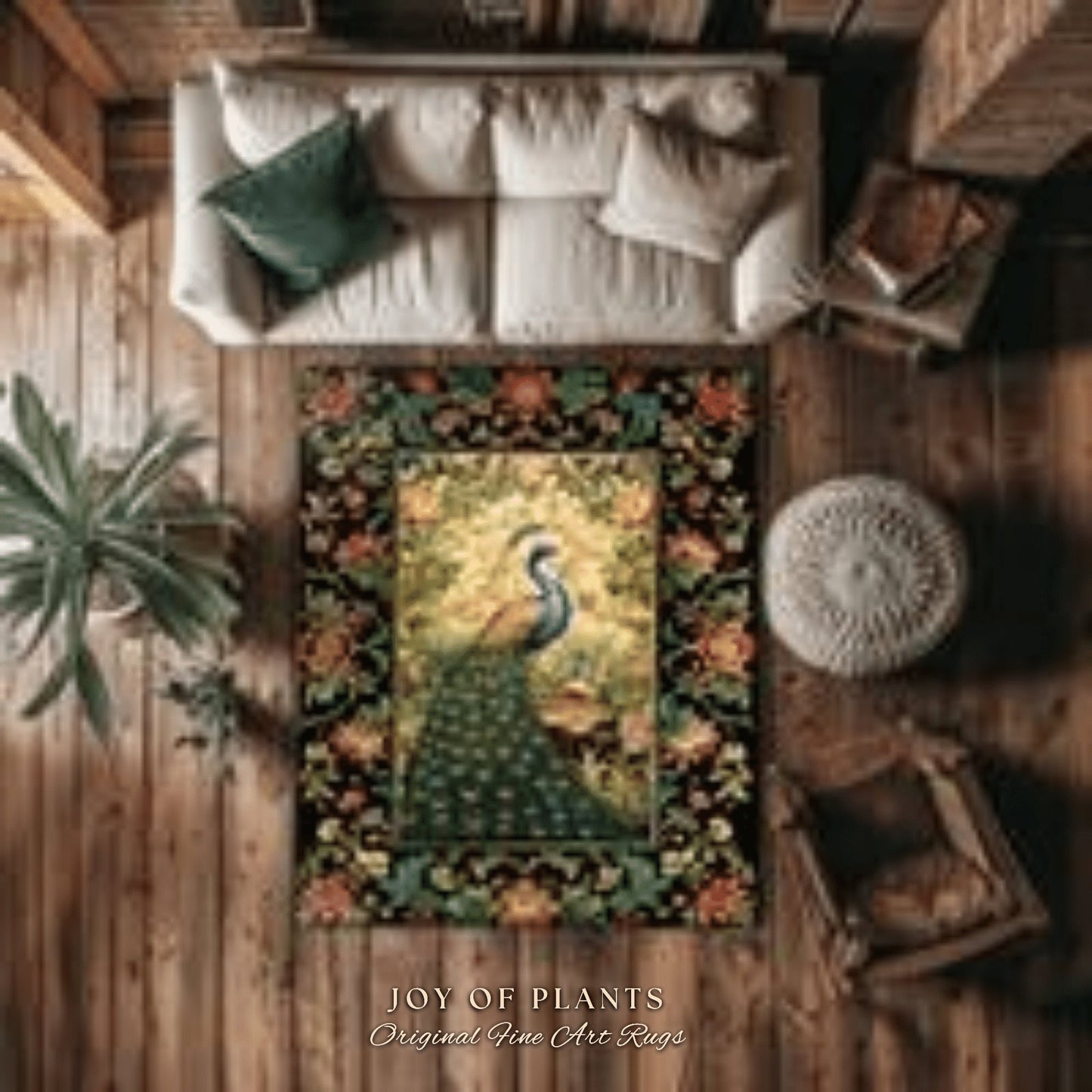 Maximalist Peacock Rug | Botanical Bedroom Decor William Morris Inspired Cottagecore Room Dark Academia Style Rug Mystical Crowcore Art