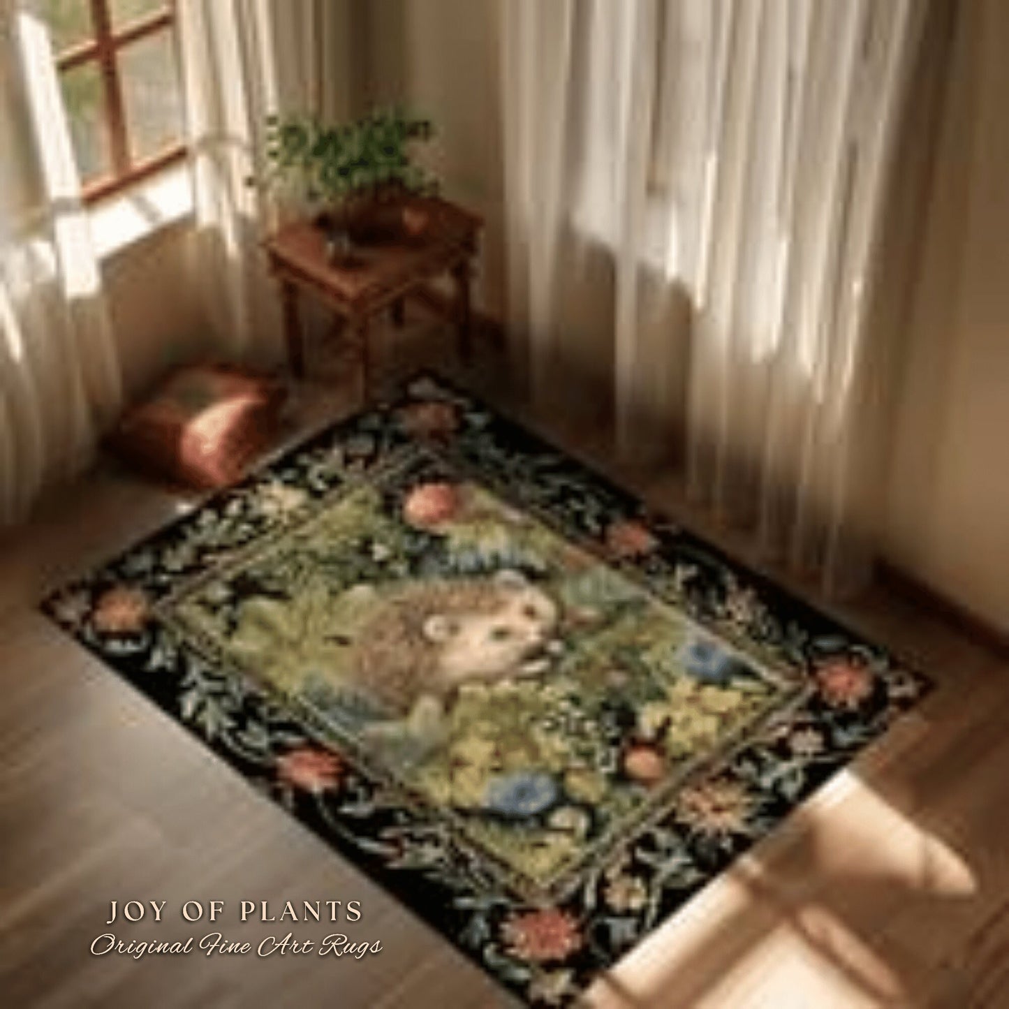 Hedgehog Botanical Rug | Woodland Bedroom Decor William Morris Inspired Cottagecore Room Light Academia Style Rug Mystical Aesthetic