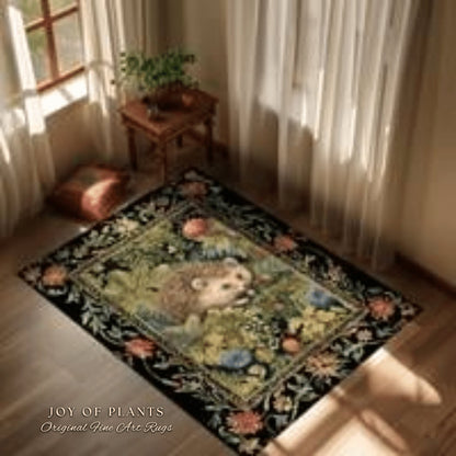 Forestcore Hedgehog Botanical Rug Woodland Gothic Decor | Dark Botanical Cottagecore Nature Lover Gift Rustic Fall Decor Forest Animal Rug