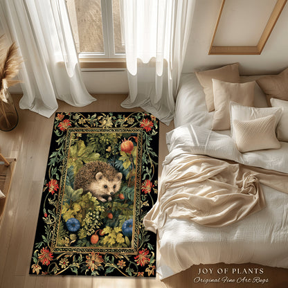 Forestcore Hedgehog Botanical Rug Woodland Gothic Decor | Dark Botanical Cottagecore Nature Lover Gift Rustic Fall Decor Forest Animal Rug