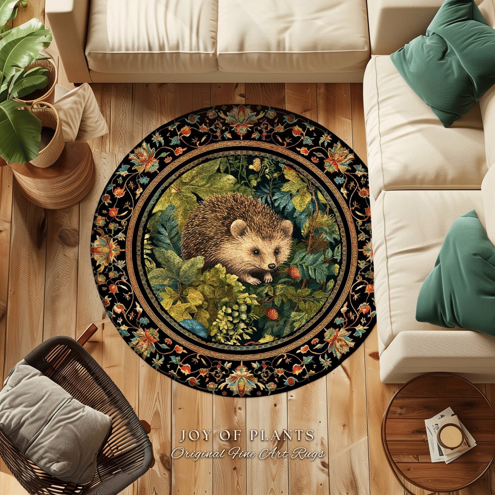 Hedgehog Botanical Rug | Woodland Bedroom Decor William Morris Inspired Cottagecore Room Light Academia Style Rug Mystical Aesthetic