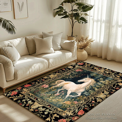 Folk Art Unicorn Area Rug | Princesscore Bedroom Decor William Morris Inspired Cottagecore Room Light Academia Style Rug Mystical Folklore