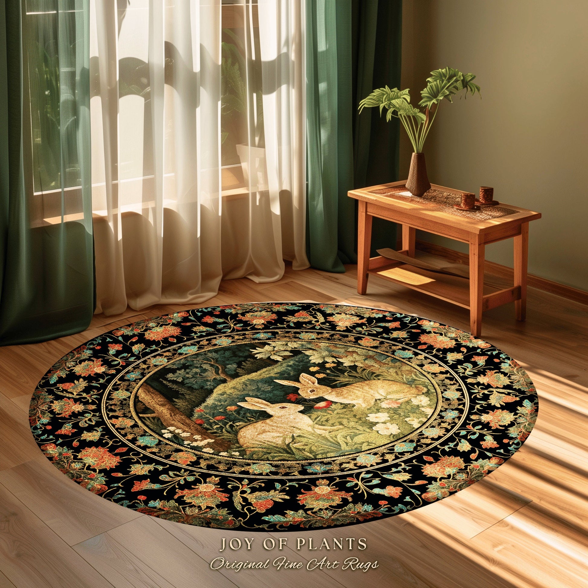 Botanical Bedroom Decor Round Bunny Rug Morris Inspired Cottagecore Light Academia Style Rug | Soft Aesthetic Victorian Floral Rabbit Rug