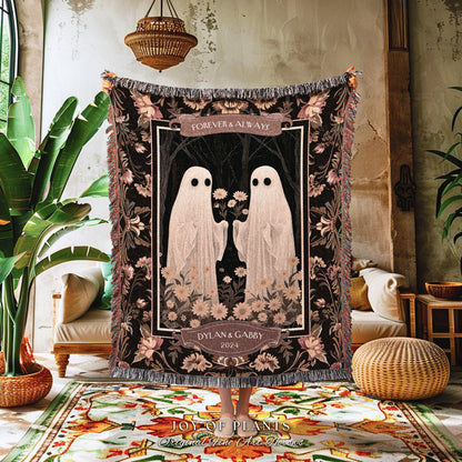 Cute Ghost Couple Personalized Tapestry | Custom Anniversary Sentimental Custom Ghost Lover Goth Aesthetic Kindred Spirits Keepsake Blanket