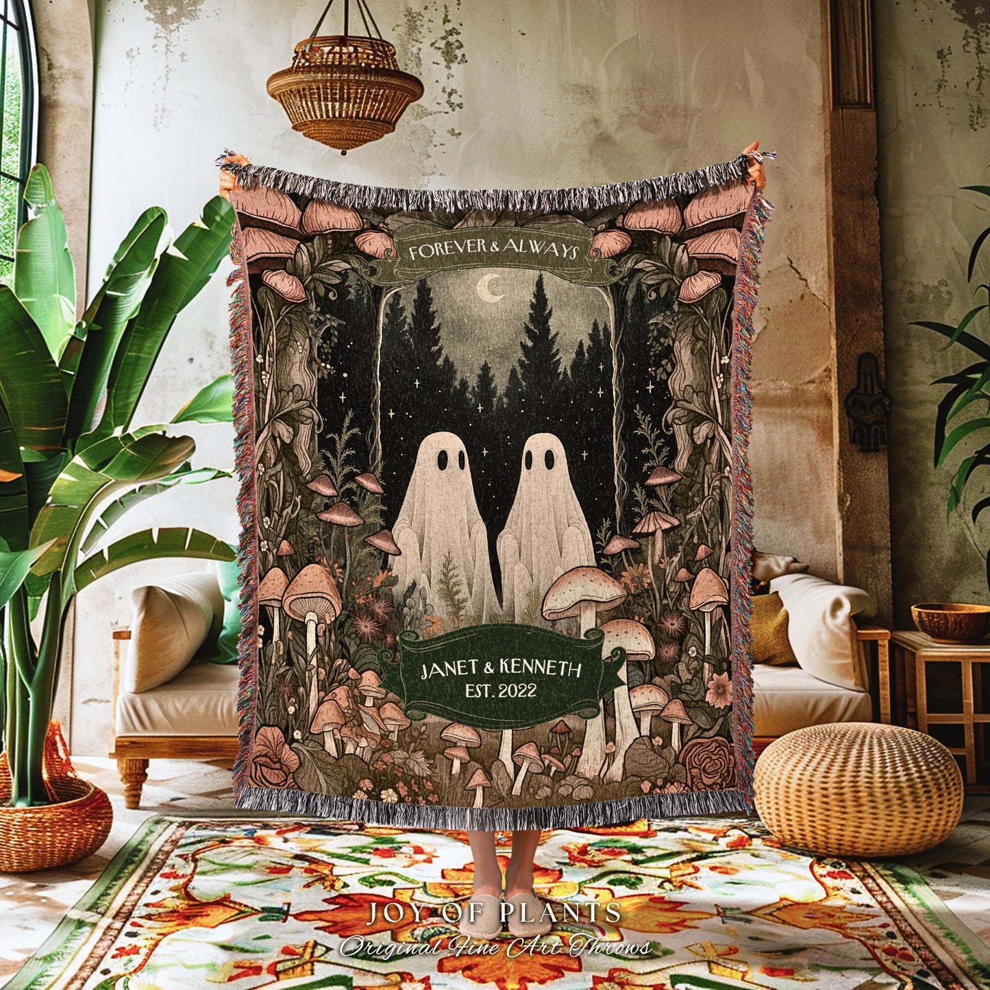 Forest Spirits Woodland Ghost Couple | Whimsical Anniversary Personalized Mr & Mrs Custom Ghosts Gothic Kindred Spirits Newlywed Tapestry |