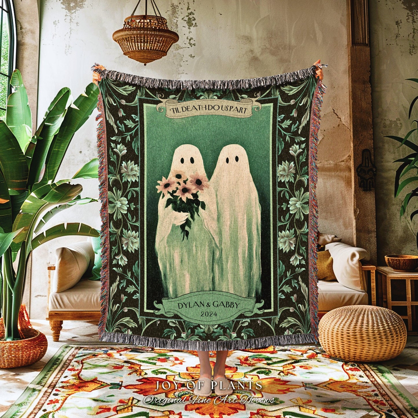 Mr & Mrs Ghost Couple Gothic Wedding Tapestry | Celestial Anniversary Personalized Wedding Custom Ghost Lover Kindred Spirits Dark Botanical