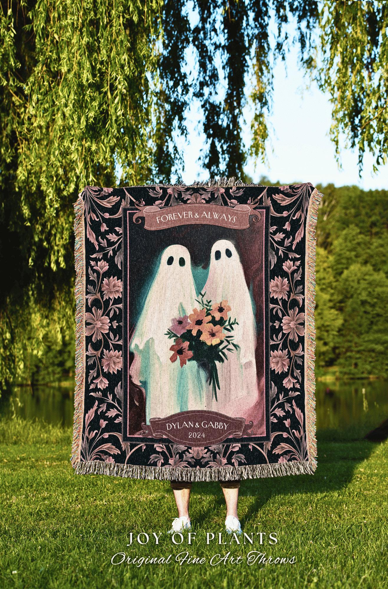 Mr & Mrs Ghost Couple Woven Blanket | Ethereal Wedding Anniversary Gift Personalized Kindred Spirits His and Hers Custom Name Tapestry |