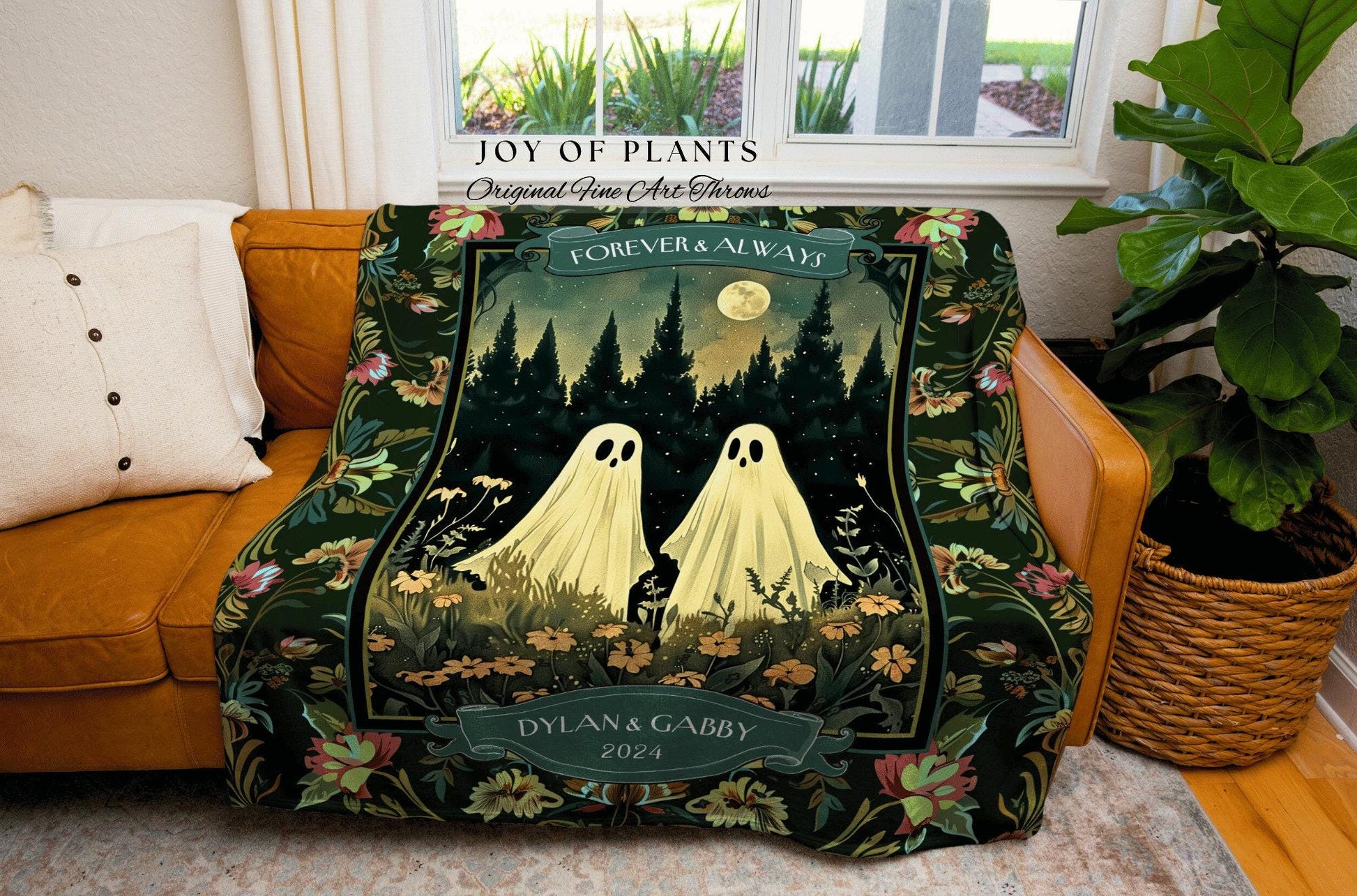 Celestial Ghost Lovers Woven Tapestry | Ethereal Anniversary Gift Personalized Kindred Spirits His and Hers Custom Ghost Couple Throw Floral