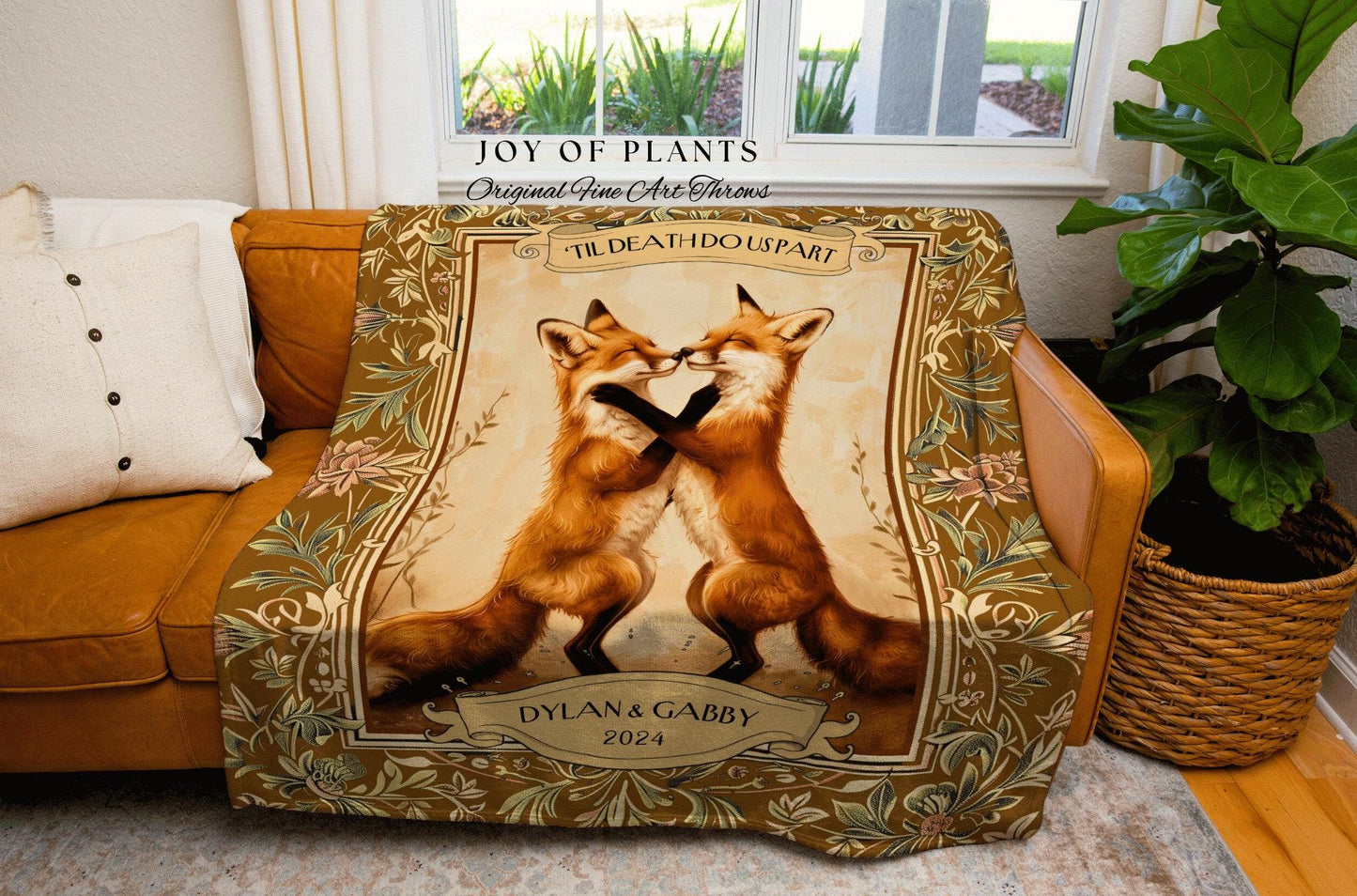 Playful Fox Couple Woven Throw Blanket | Forest Aesthetic Whimsical Woodland Wedding Anniversary Cottagecore Dating Gift Personalized Names