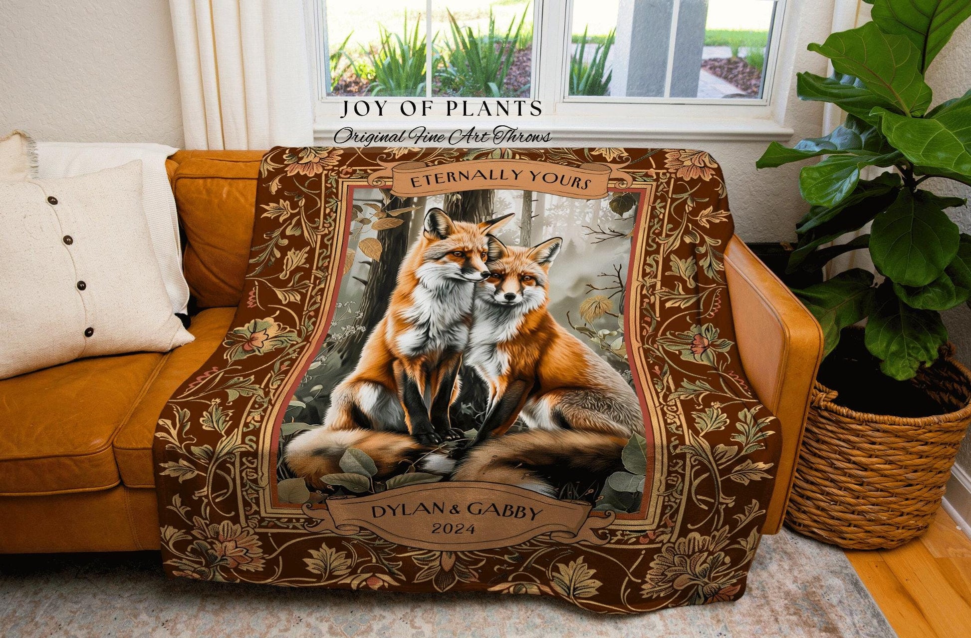 Victorian Fox Lovers Custom Tapestry | Forest Aesthetic Whimsical Woodland Wedding Anniversary Cottagecore Dating Gift Personalized Blanket