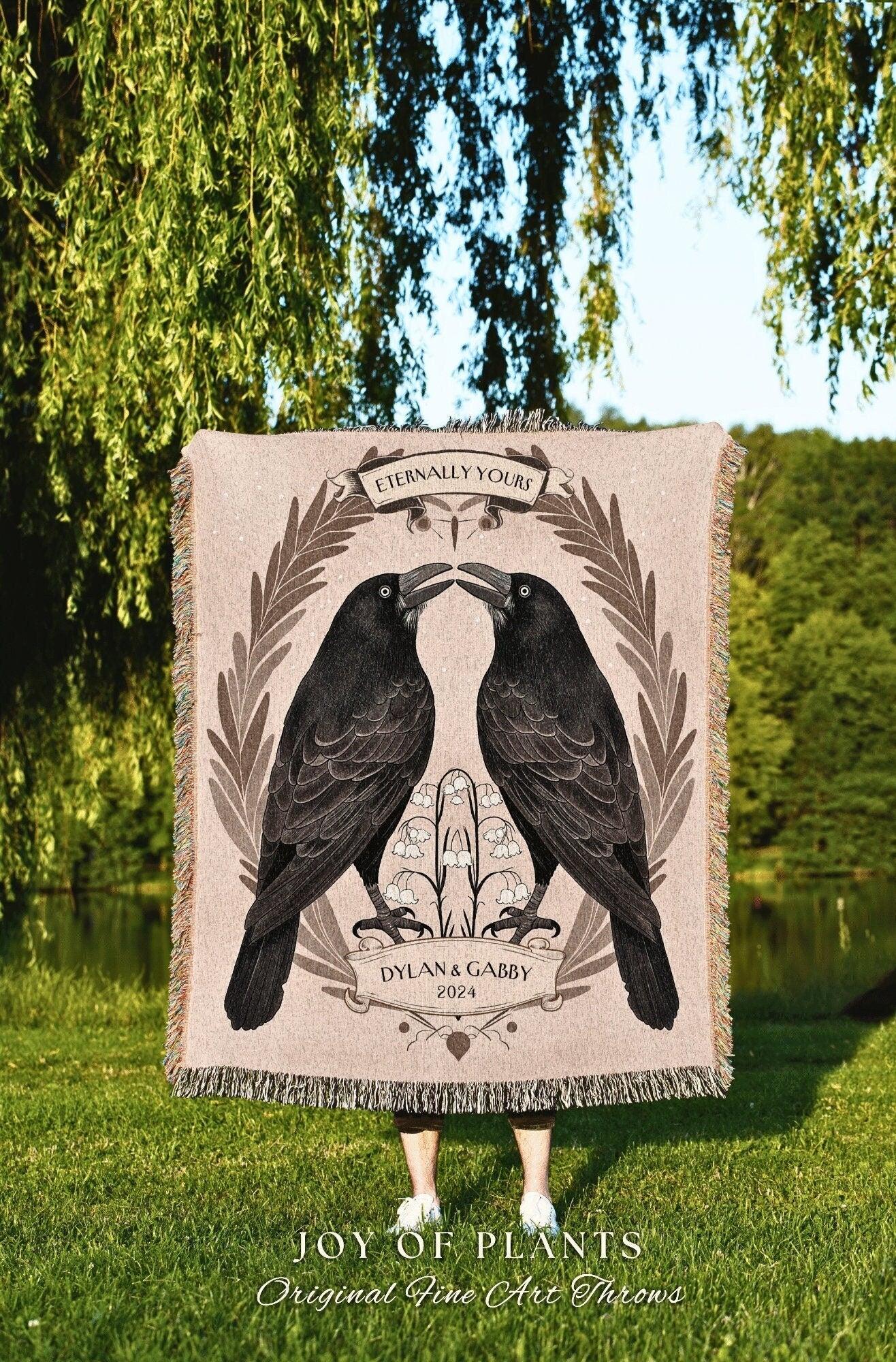 Mystic Crow Couple Woven Blanket | Folklore Aesthetic Woven Throw Custom Dating Anniversary 'Kindred Spirits' Raven Tapestry Minimalist |