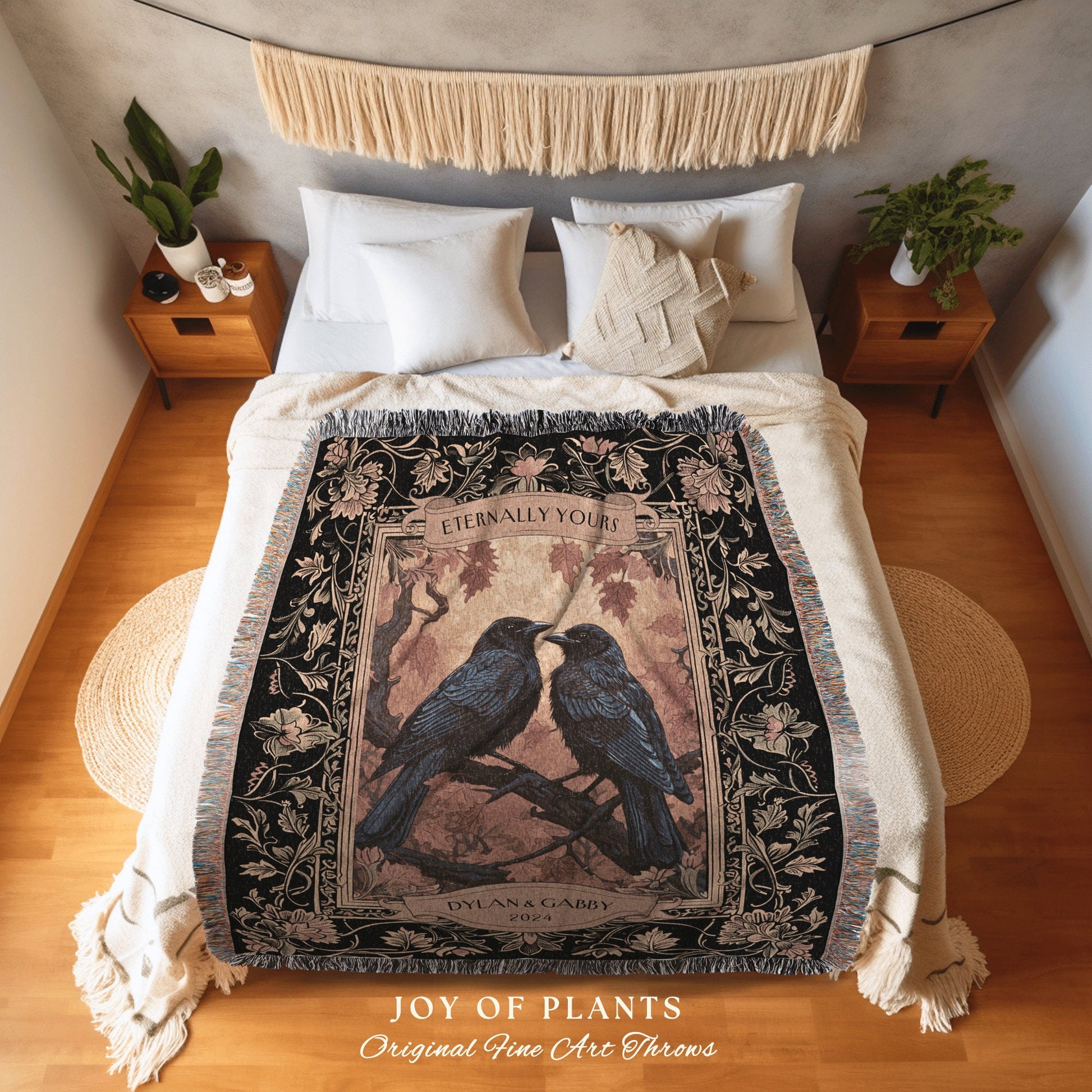 Dark Academia Raven Couple Tapestry Custom Names | Crowcore Aesthetic Woven Throw Custom Dating Anniversary 'Eternally Yours' Crow Lover