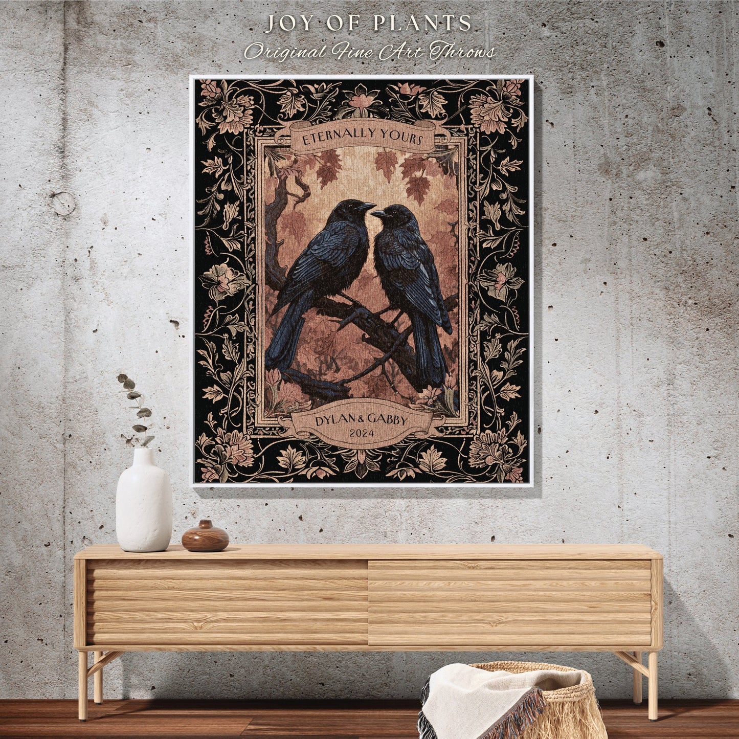 Dark Academia Raven Couple Tapestry Custom Names | Crowcore Aesthetic Woven Throw Custom Dating Anniversary 'Eternally Yours' Crow Lover