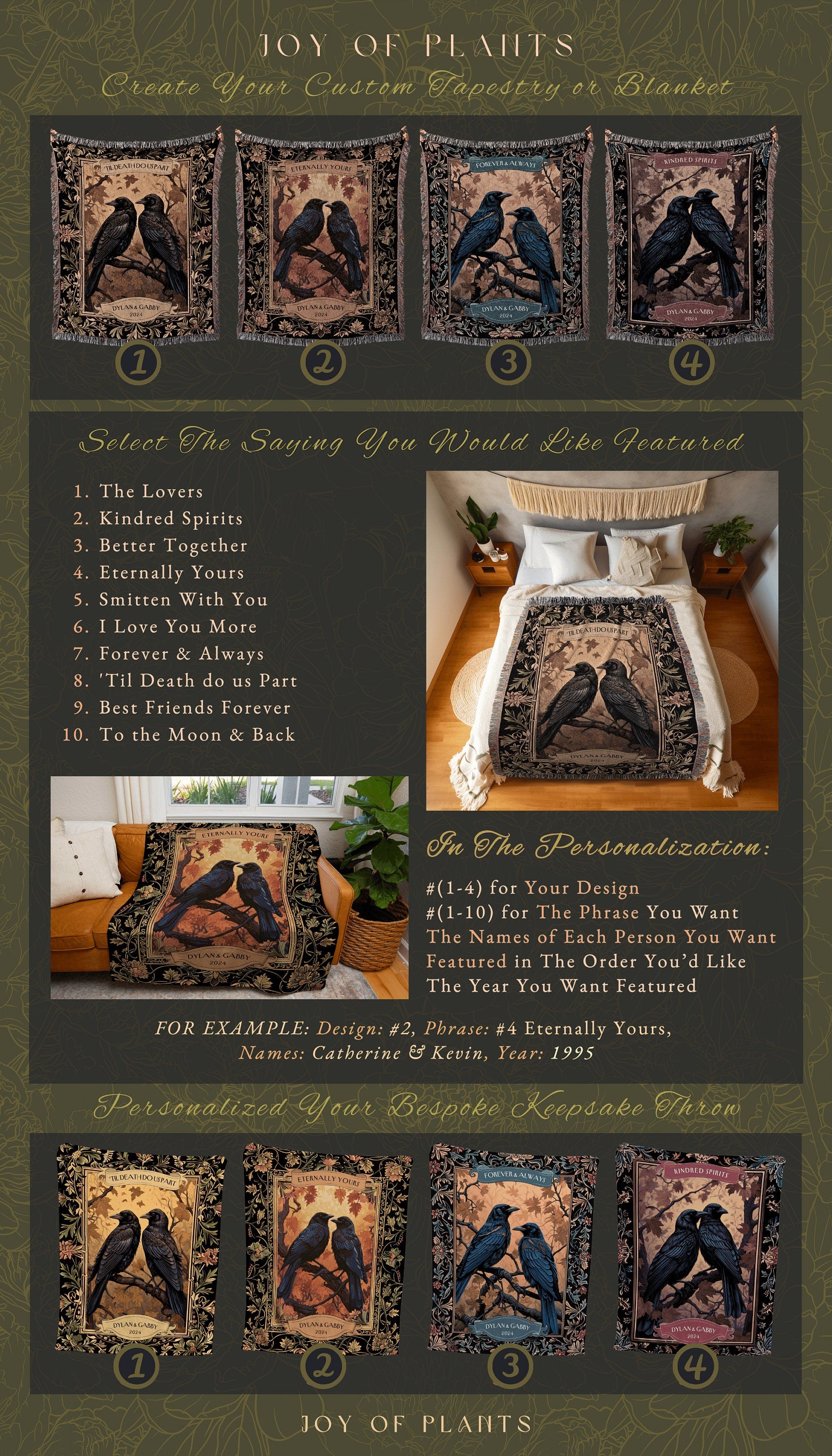 Wedding Keepsake Blanket Personalized Names | Woodland Aesthetic Woven Throw Custom Dating Anniversary 'Til Death do us Part' Crow Tapestry