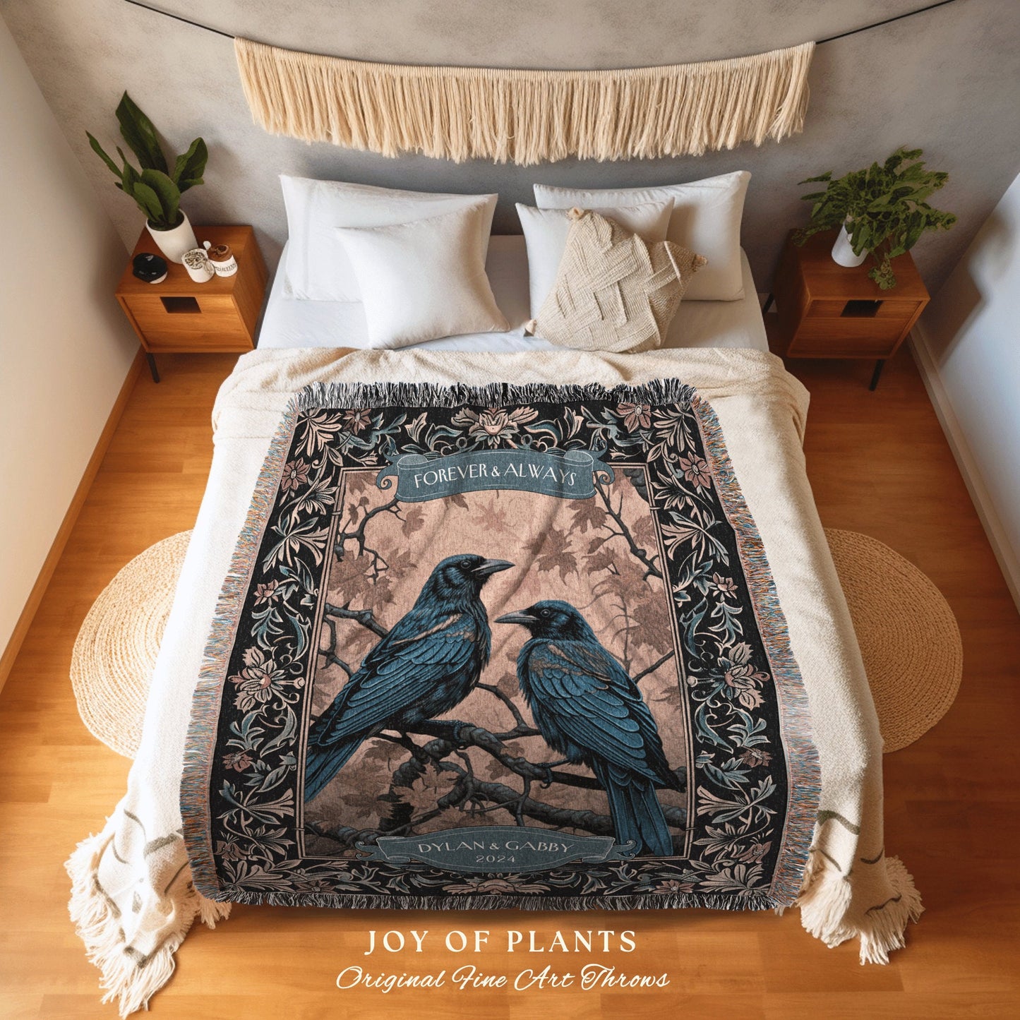 Wedding Keepsake Blanket Personalized Names | Woodland Aesthetic Woven Throw Custom Dating Anniversary 'Til Death do us Part' Crow Tapestry